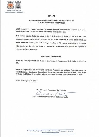 Edital da Assembleia de Freguesia de 4 de Setembro de 2025