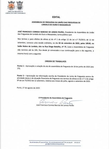 Edital da Assembleia de Freguesia de 4 de Setembro de 2025 Edital da Assembleia de Freguesia de 4 de Setembro de 2025
