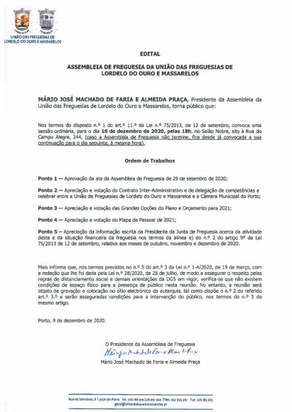 Edital da Assembleia de Freguesia de 16 de Dezembro de 2020