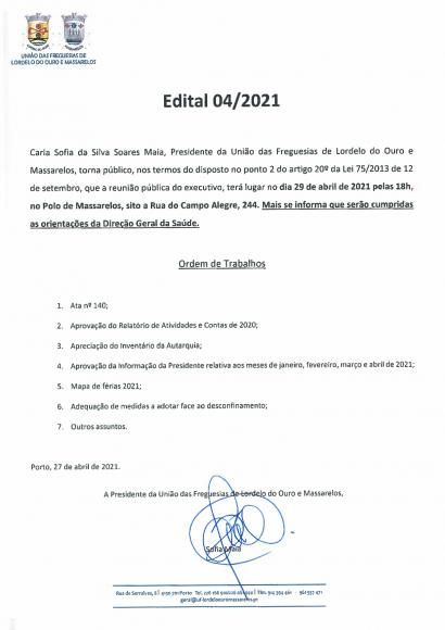 Edital Reunião Pública do Executivo de 29 de Abril de 2021