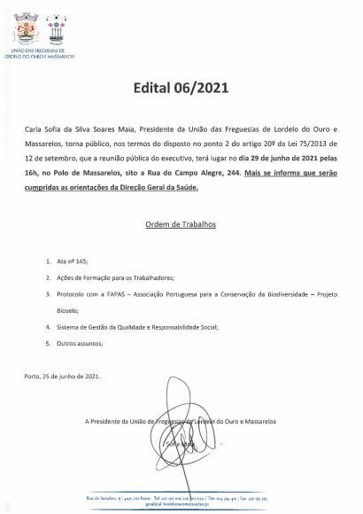 Edital da Reunião Pública do Executivo de 29 de Junho de 2021