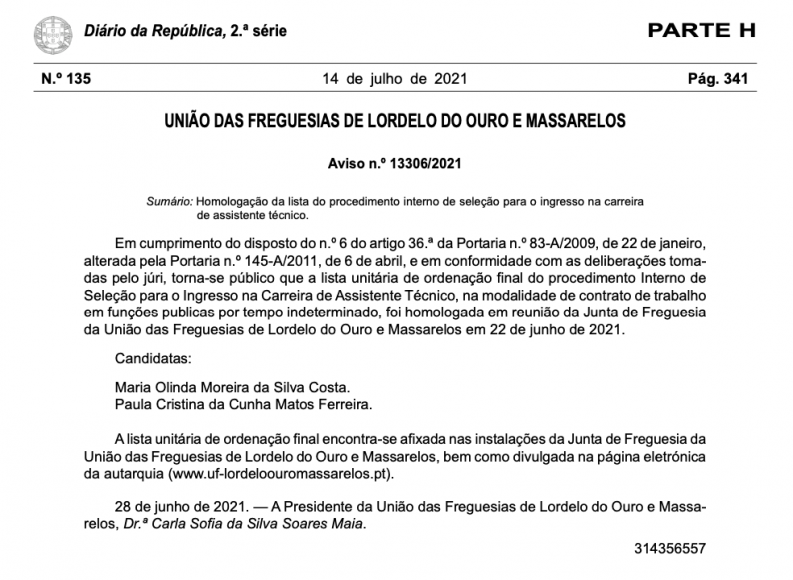 Homologação da Lista do procedimento Interno de Seleção para o Ingresso na Carreira de Assistente Técnico