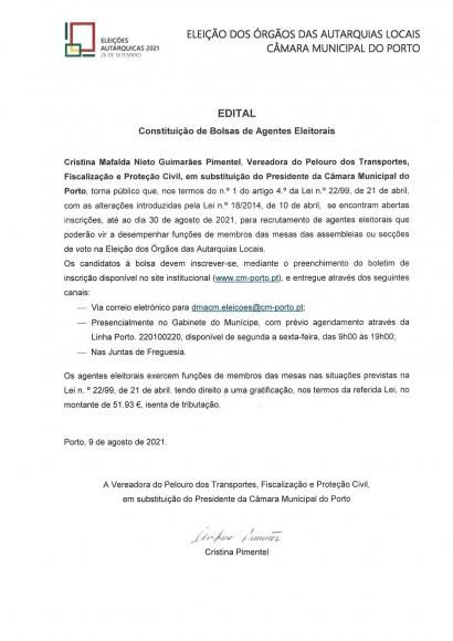 Edital para a constituição de Bolsas de Agentes Eleitorais para as Eleições Autárquicas 2021