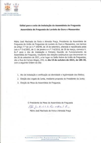 Edital para o acto de instalação da Assembleia de Freguesia de Lordelo do Ouro e Massarelos