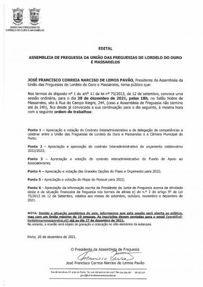 Edital da Assembleia de Freguesia de 28 de Dezembro de 2021