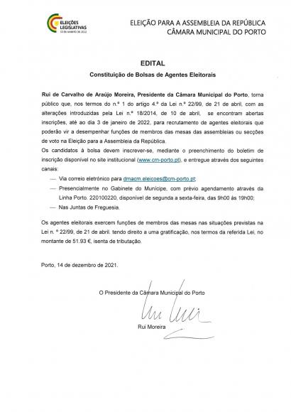 Edital para a constituição de Bolsas de Agentes Eleitorais para as Eleições Legislativas de 30 de Janeiro de 2022