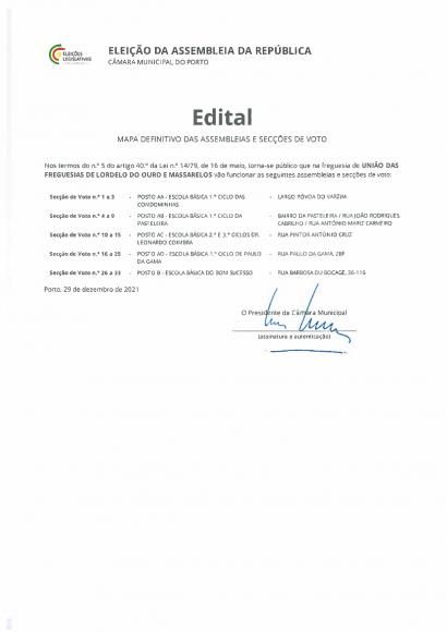 Legislativas 2022 - Mapa Definitivo das Assembleias e Secções de Voto