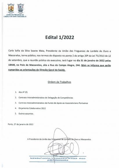 Edital da Reunião Pública do Executivo de 31 de Janeiro de 2022