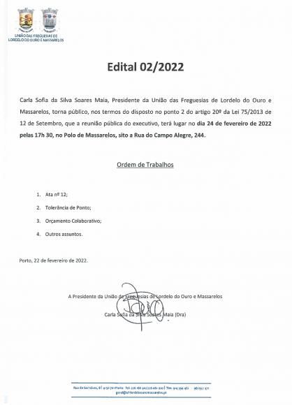 Edital da Reunião Pública Executivo de 24 Fevereiro de 2022