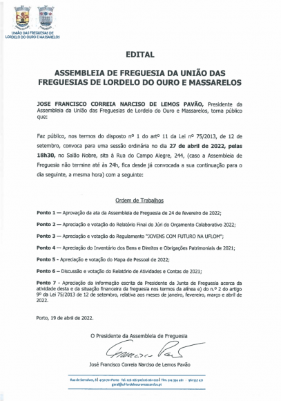 Edital da Assembleia de Freguesia de 27 de Abril de 2022