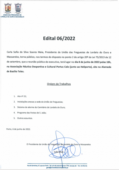 Edital da Reunião Pública Executivo de 8 de Junho de 2022