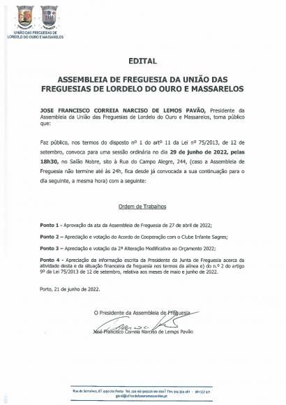 Edital da Assembleia de Freguesia de 29 de Junho de 2022