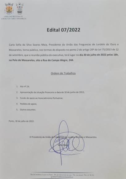 Edital da Reunião Pública Executivo de 20 de Julho de 2022
