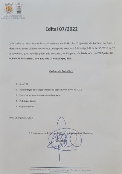 Edital da Reunião Pública Executivo de 20 de Julho de 2022