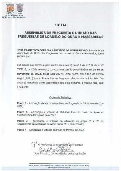 Edital da Assembleia de Freguesia de 16 de Novembro de 2022