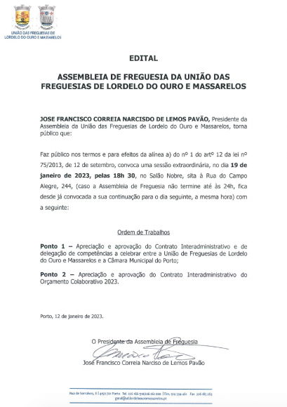 Edital da Assembleia de Freguesia de 19 de Janeiro de 2023