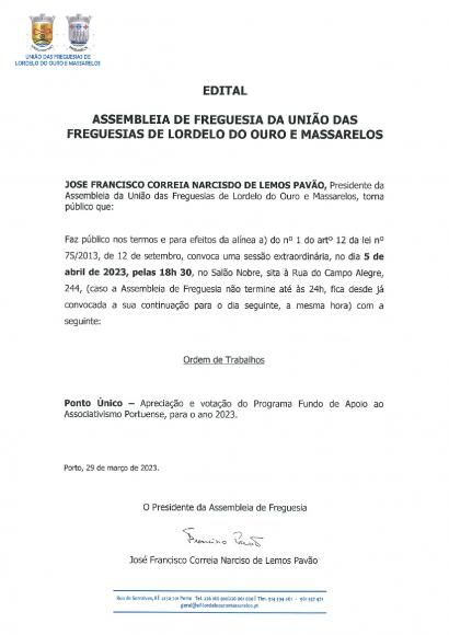 Edital da Assembleia de Freguesia de 5 de abril de 2023