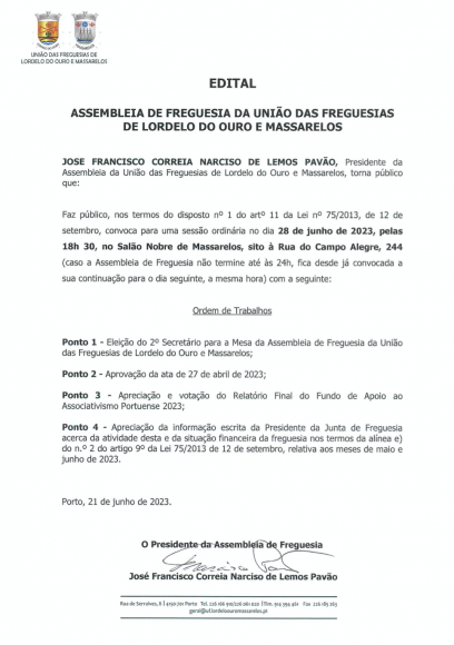 Edital da Assembleia de Freguesia de 28 de junho de 2023	