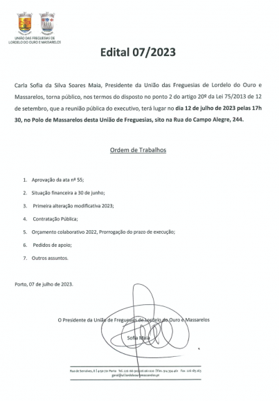 Edital da Reunião Pública do Executivo de 12 de Julho de 2023 Edital da Reunião Pública do Executivo de 12 de Julho de 2023