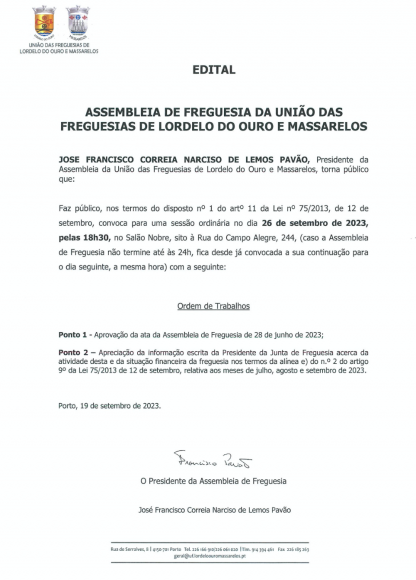 Edital da Assembleia de Freguesia de 26 de setembro de 2023	