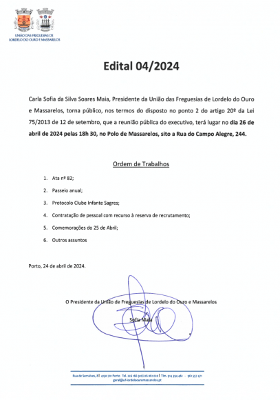 Edital da Reunião Pública do Executivo de 26 de Abril de 2024 Edital da Reunião Pública do Executivo de 26 de Abril de 2024