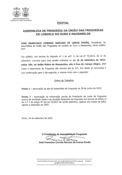 Edital da Assembleia de Freguesia de 26 de setembro de 2024