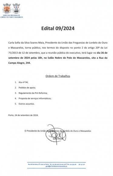 Edital da Reunião Pública do Executivo de 26 de Setembro de 2024