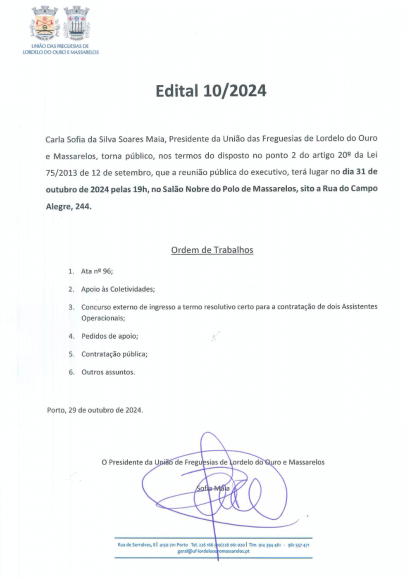 Edital da Reunião Pública do Executivo de 31 de Outubro de 2024
