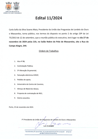Edital da Reunião Pública do Executivo de 27 de Novembro de 2024