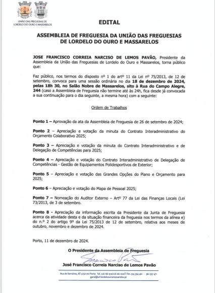 Edital da Assembleia de Freguesia de 18 de Dezembro de 2024