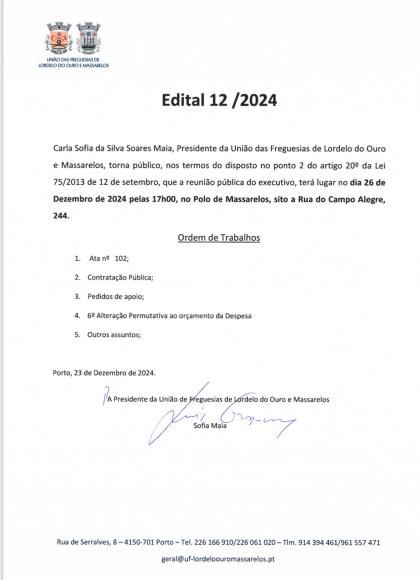 Edital da Reunião Pública do Executivo de 26 de Dezembro de 2024