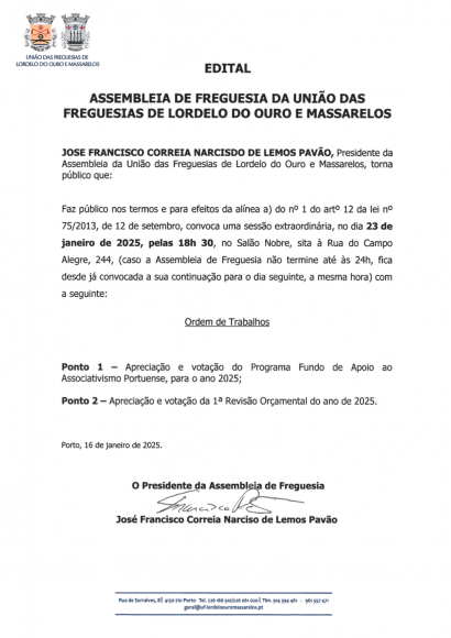 Edital da Assembleia de Freguesia de 23 de Janeiro de 2025