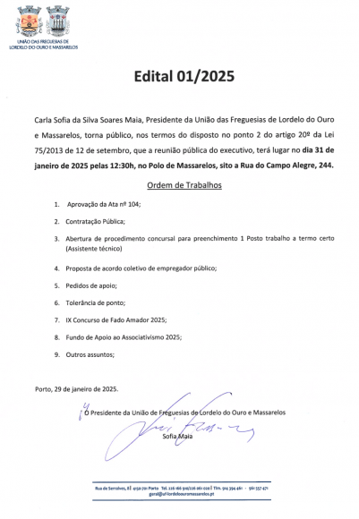 Edital da Reunião Pública do Executivo de 31 de Janeiro de 2025