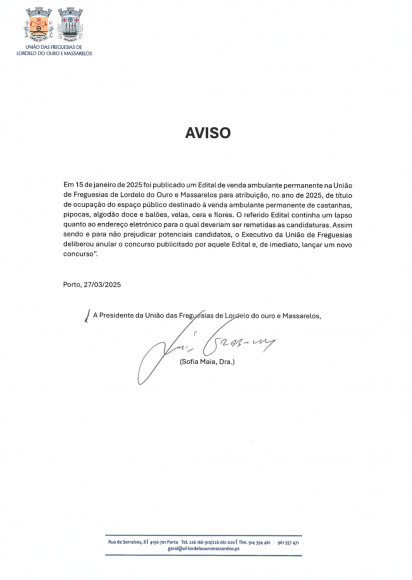 Aviso - Anulação dos concursos de Venda Ambulante de Janeiro