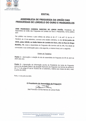 Edital da Assembleia de Freguesia de 18 de Junho de 2025