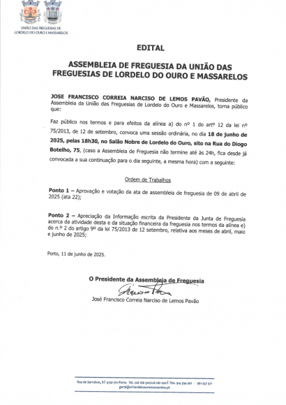 Edital da Assembleia de Freguesia de 18 de Junho de 2025 Edital da Assembleia de Freguesia de 18 de Junho de 2025