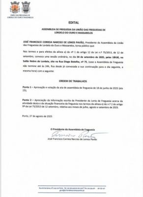 Edital da Assembleia de Freguesia de 4 de Setembro de 2025