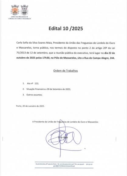 Edital da Reunião Pública do Executivo de 22 de Outubro de 2025