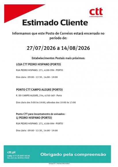 Encerramento Pontual CTT Lordelo do Ouro - F&eacute;rias 