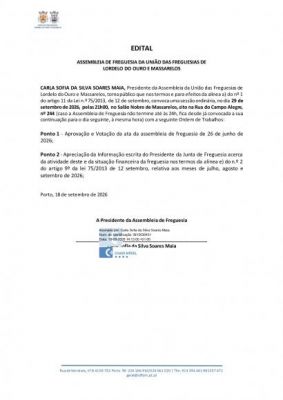 Edital da Assembleia de Freguesia Ordin&aacute;ria - 29 de setembro de 2026