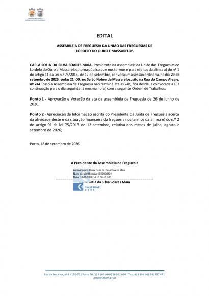 Edital da Assembleia de Freguesia Ordin&aacute;ria - 29 de setembro de 2026